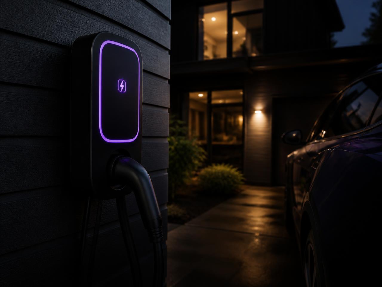 Laadpaal met violette LED-ring aan een woning